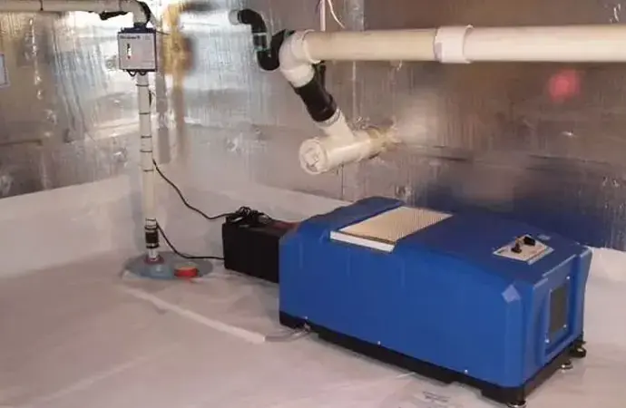 A dehumidifier running in a basement with a white vapor barrier and plumbing overhead, structural drying in Anoka