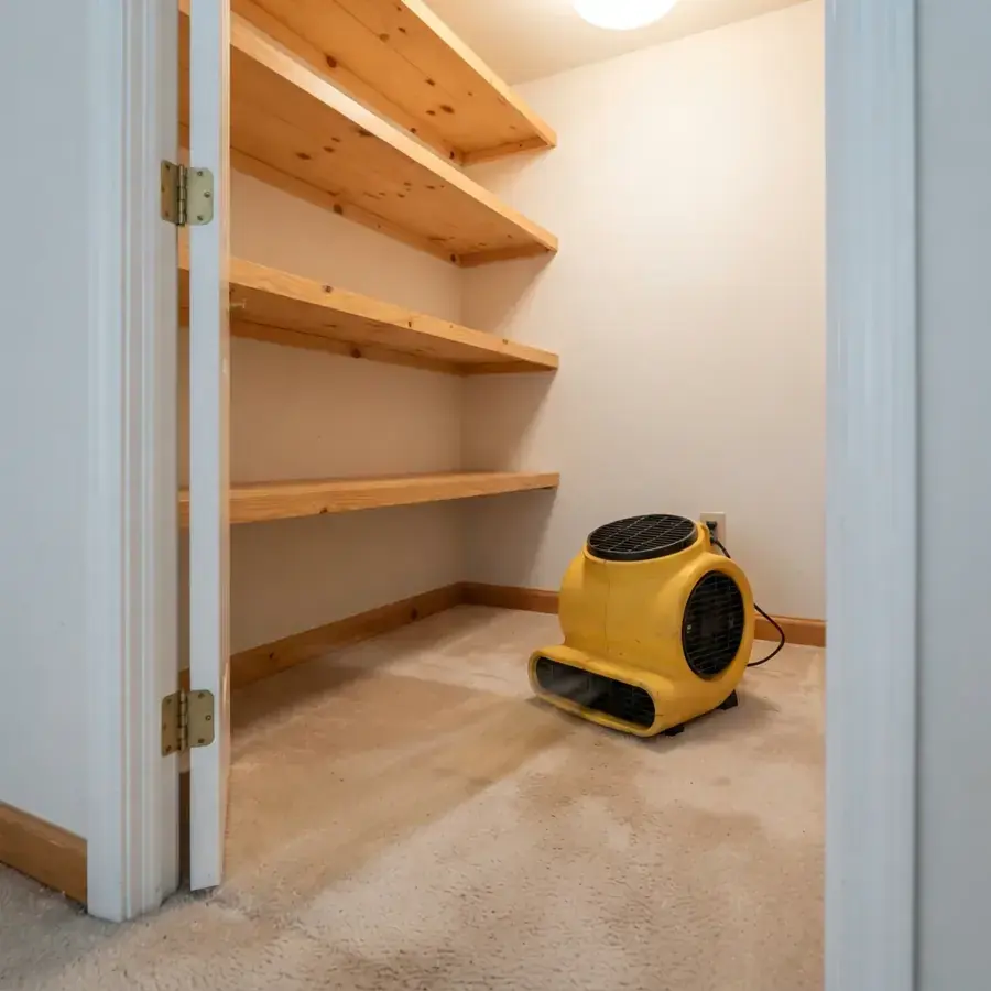 A yellow air mover drying an emptied storage room, water damage restoration in Anoka