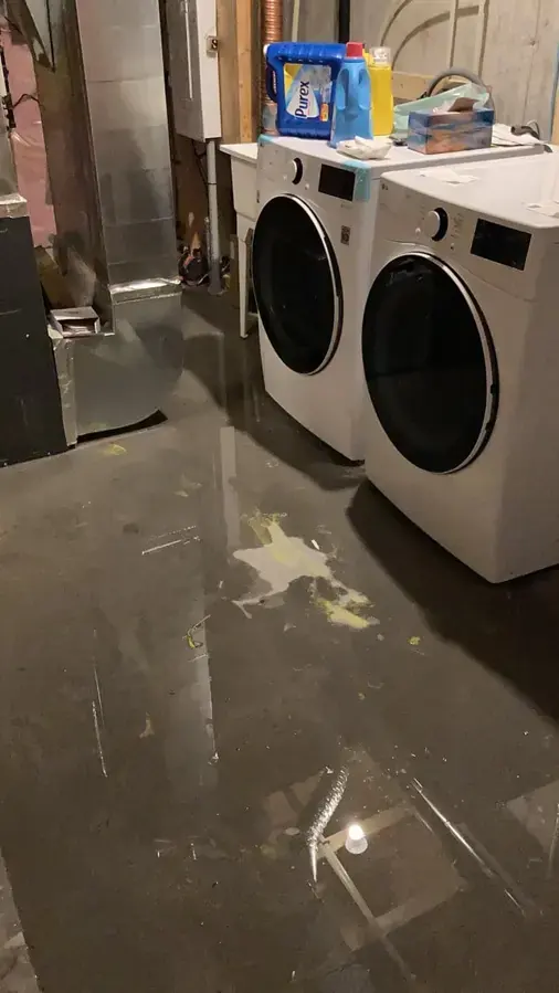 Water spread across a basement laundry room floor in front of the washer and dryer, appliance leak in Anoka