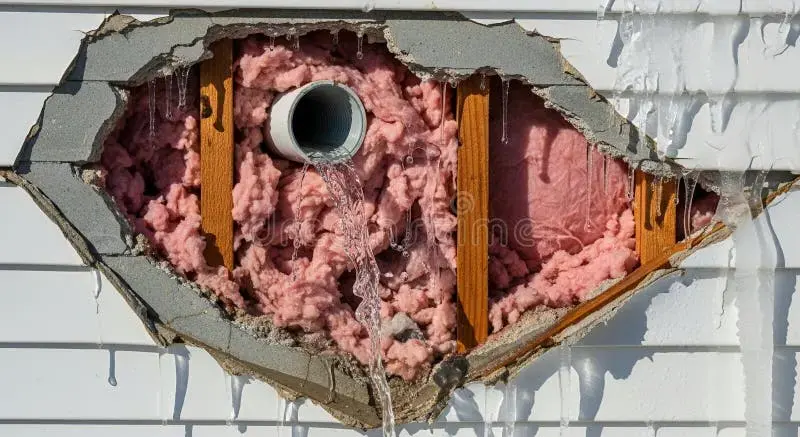 Siding and insulation opened to reach an ice-coated pipe inside an outside wall, frozen pipe damage in Anoka