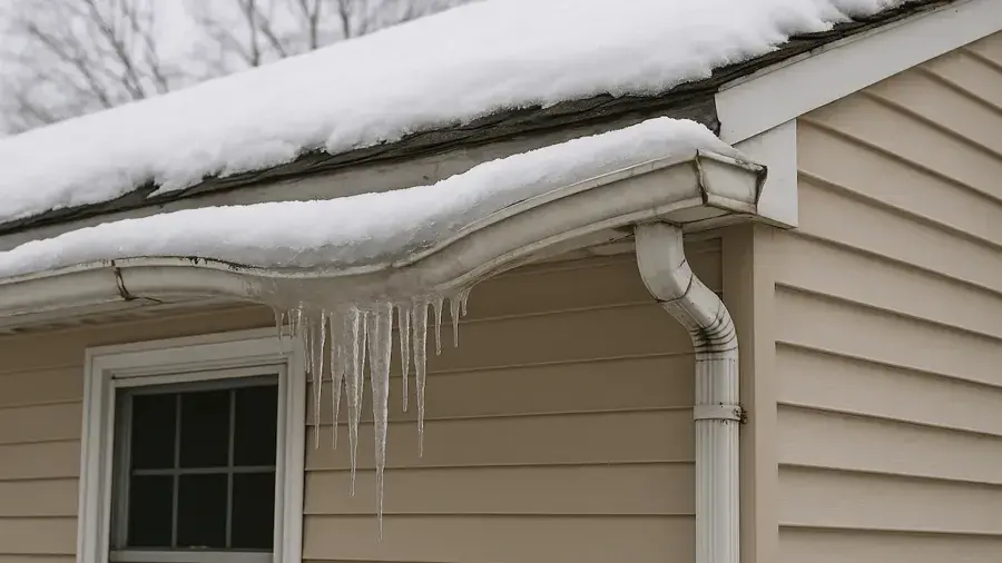 Ice packed in a gutter with icicles below a snow-covered roof edge, ice dam and roof leak damage in Anoka