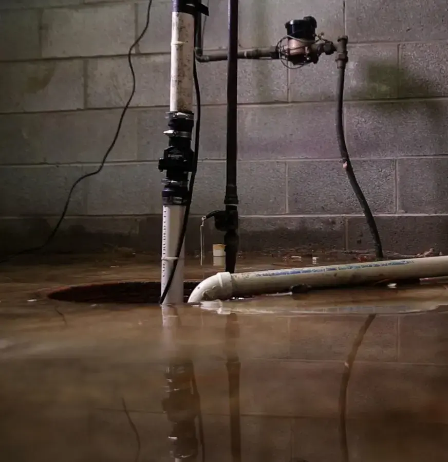 Water across a basement floor around the sump discharge pipe and block walls, sump pump failure in Anoka