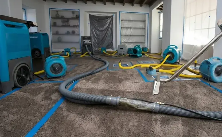 Extraction wand pulling water from soaked carpet with air movers set across the room, water extraction in Anoka