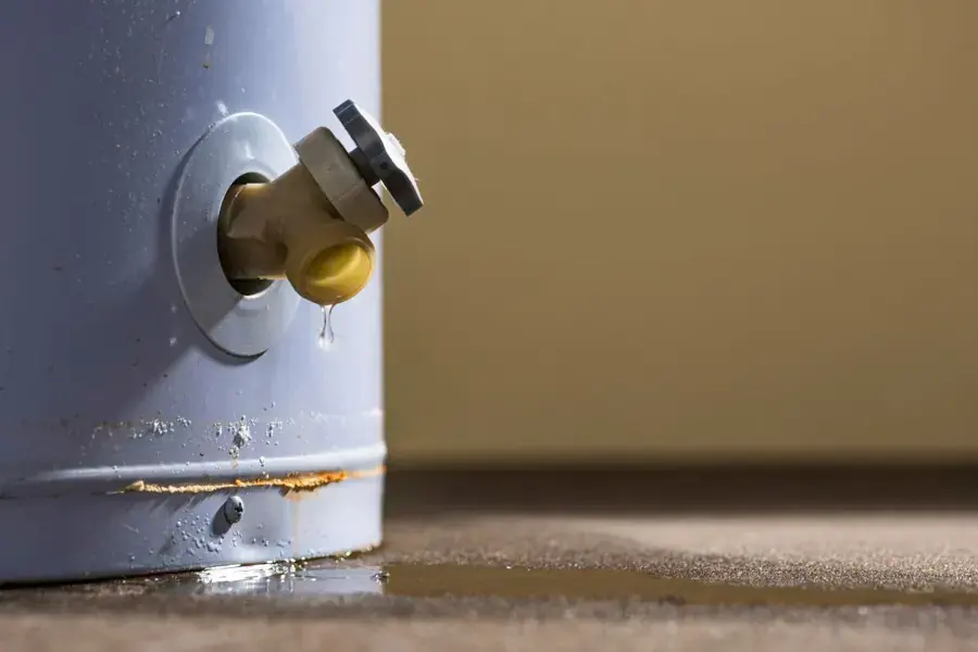 Water dripping from the drain valve of a water heater onto the floor, water heater leak in Anoka